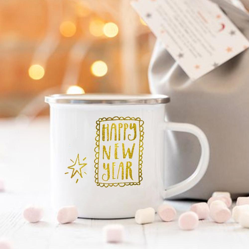 Happy New Year Print Mugs Enamel Coffee Cups Handle Hot Cocoa Chocolate Cup Children Breakfast Milk Mug Holiday Gift for Family
