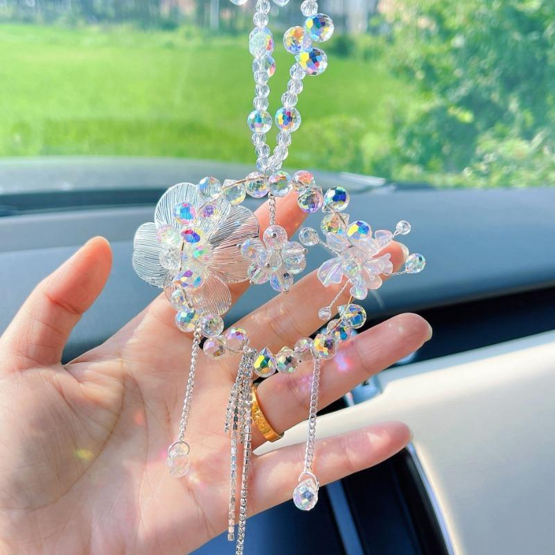 Women S Crystal Flower Car Rearview Mirror Pendant Car Decoration