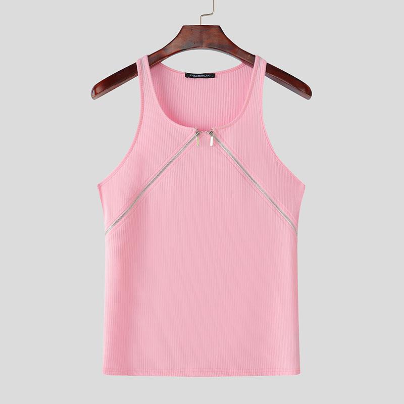 

INCERUN Летние мужские майки без рукавов на бретелях в рубчик на молнии, повседневные, облегающие 3XL светло-розовый