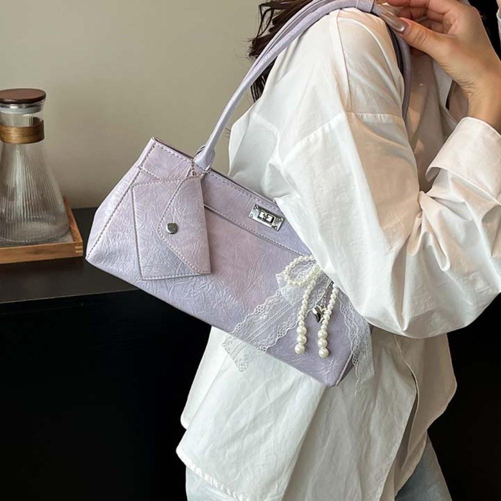 Sweet French Stick Handbag Lace Texture Underarm Bags Portable PU Shoulder Bag  Work