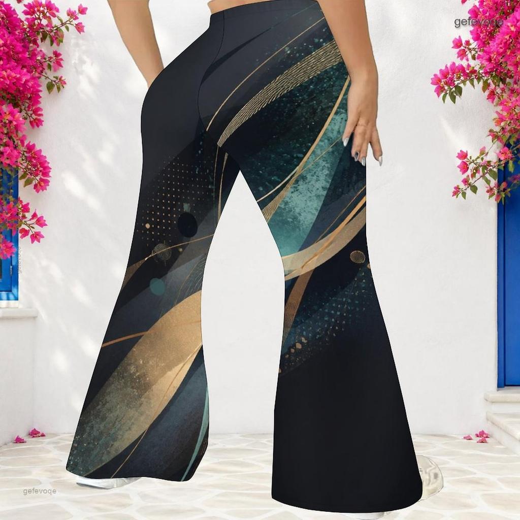 Women Plus Size High Waist Full Length Galaxy Printed Flared Pants