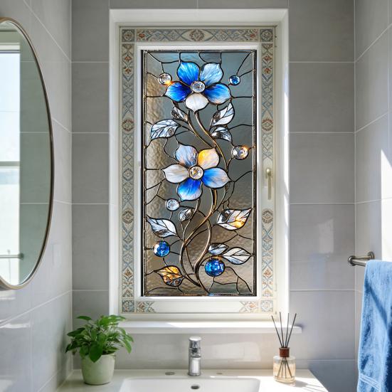 Window Privacy Film Sun Blocking Stained Glass Floral Window Decals Removable Static Clings