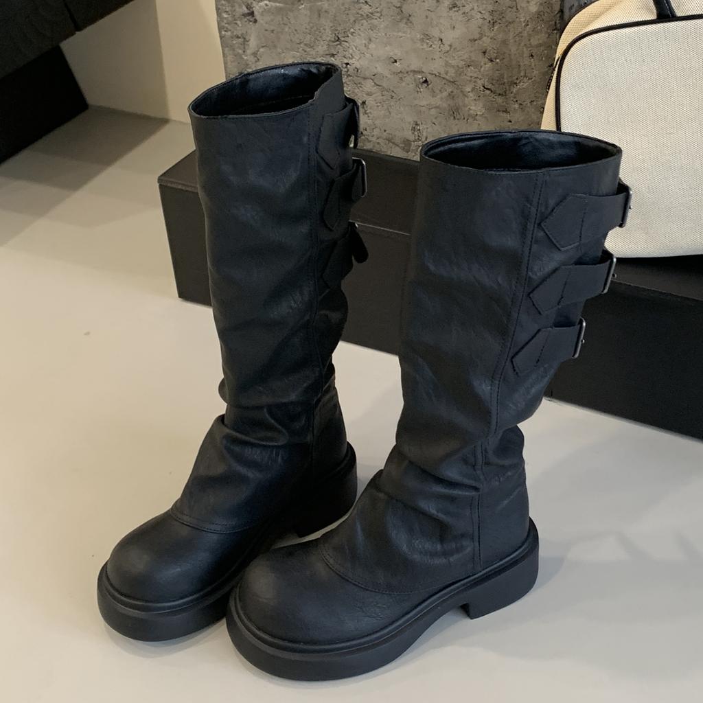 Eilyken Vintage Design Narrow Band Buckle Strap Women Knee-High Boots Fashion Round Toe Square Low Heels Shoes