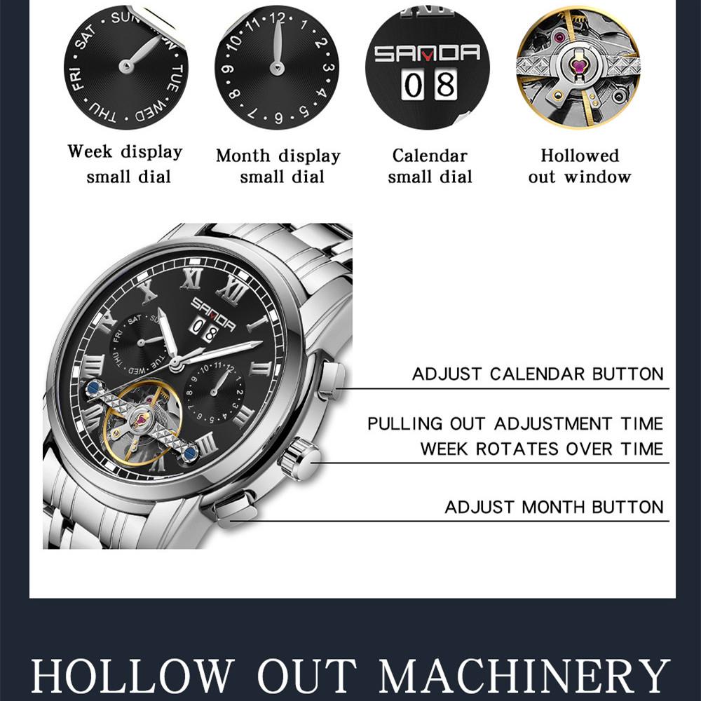 SANDA New Arrival Men's Fully Automatic Mechanical Steel Band Quartz Watch Fashion Calendar Skeleton Men's Watch