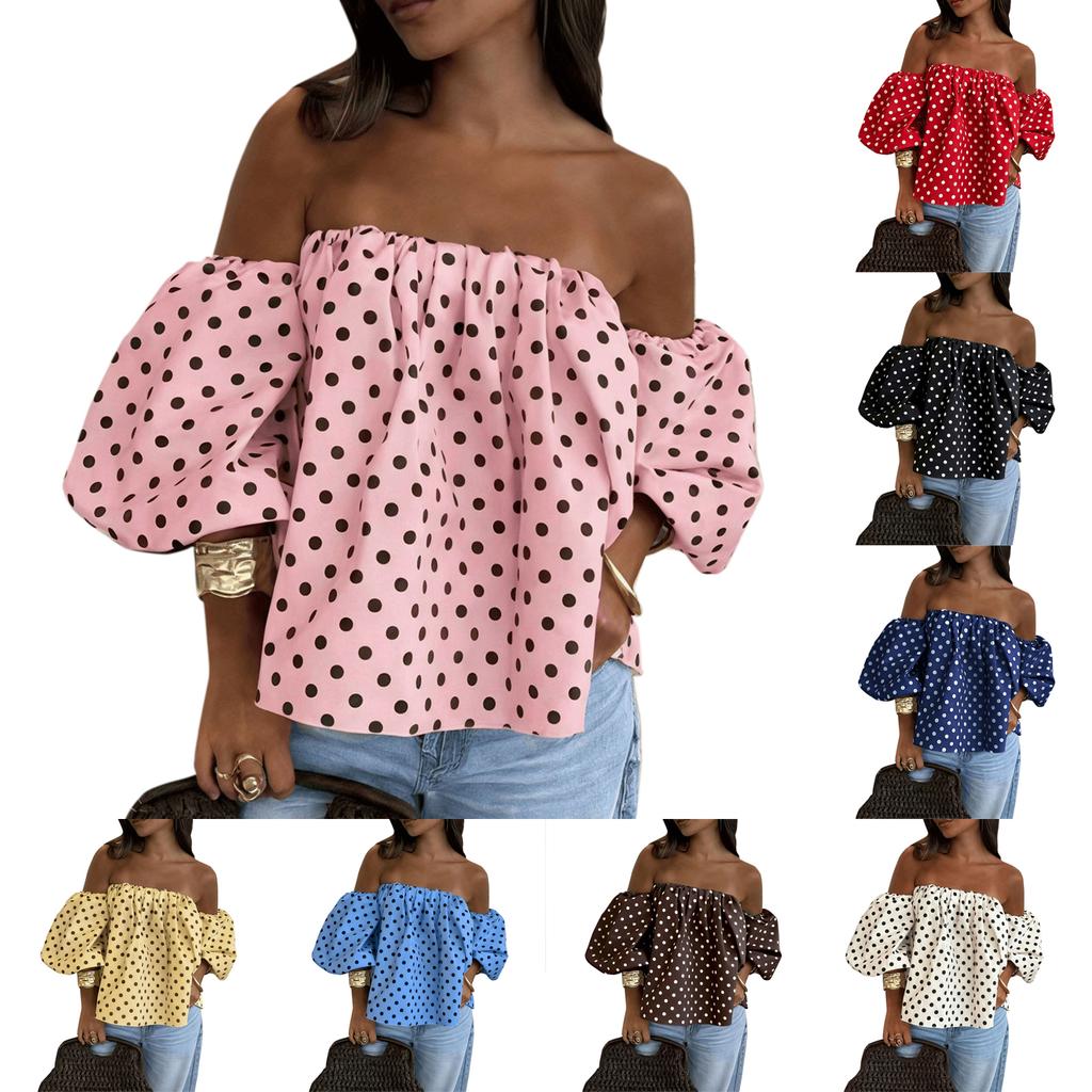 Women Off Shoulder Polka Dot Blouse Puff Sleeve Elastic Neckline Casual Loose Fit Pullover Top Summer Fashion