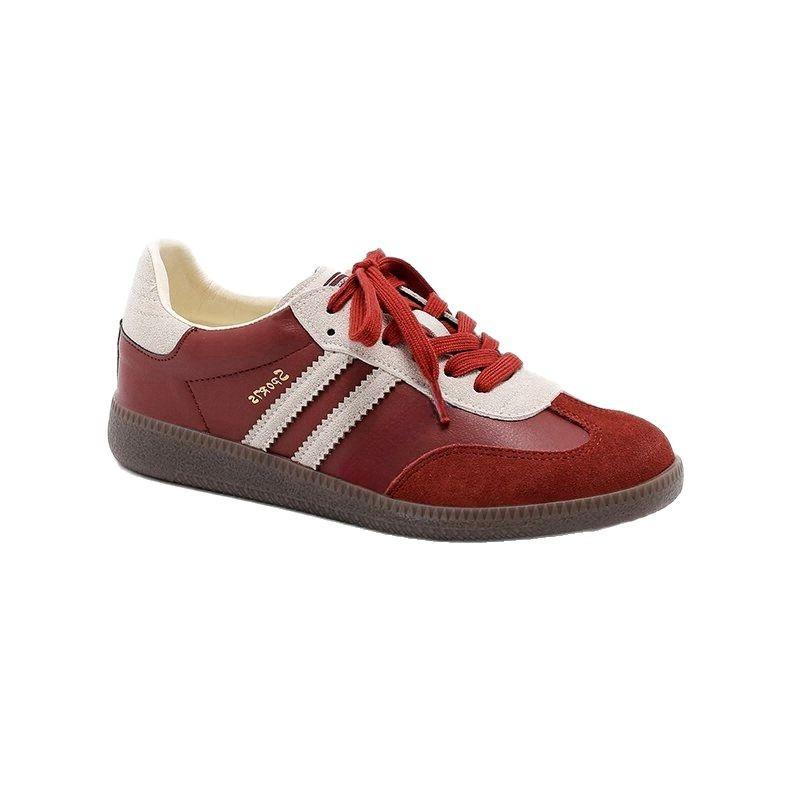 Red retro German training shoes women's 2025 spring versatile color matching casual sports shoes flat Forrest Gump shoes leather board shoes