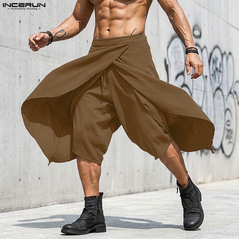 INCERUN Men Elastic Waist Irregular Layers Casual Loose Half Cuffed Pants