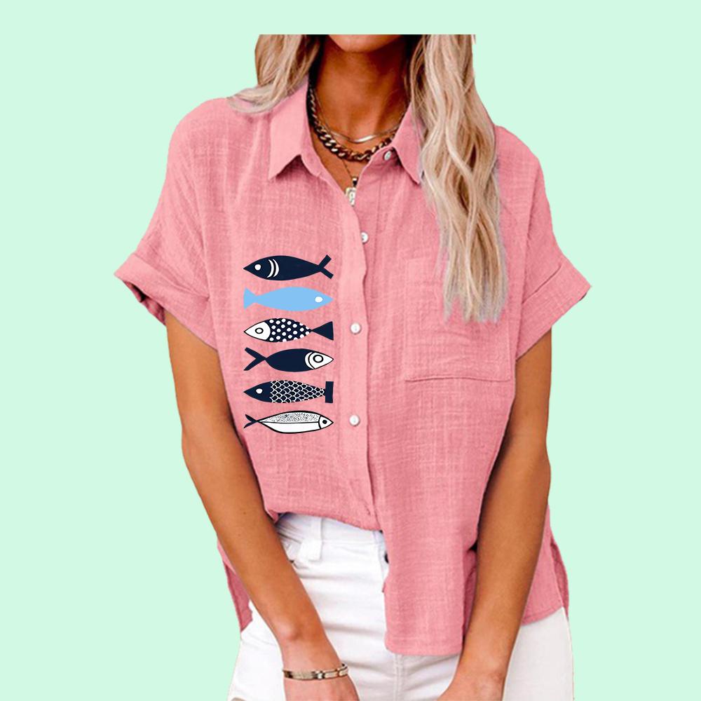 Tricou cu imprimeu de pește la modă pentru femei, ocazional de vară și toamnă, tricou cu guler cu rever, bluze de in cu mânecă scurtă, cu buzunar