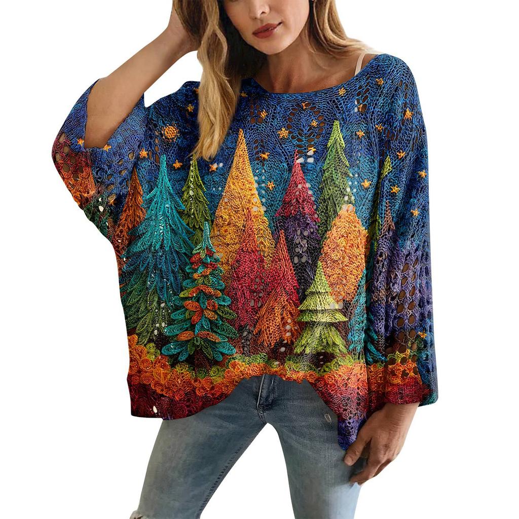 XY-LK01-Pullover hollow blouse 3D printed sweater spring and summer new