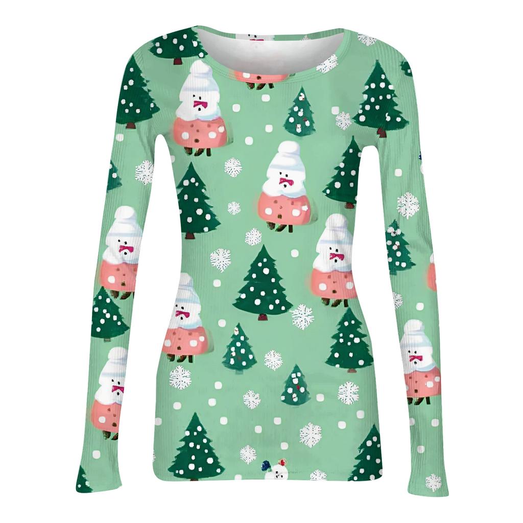 Damska modna koszulka bazowa slim-fit z okrągłym dekoltem, z nadrukiem świątecznym, z długim rękawem