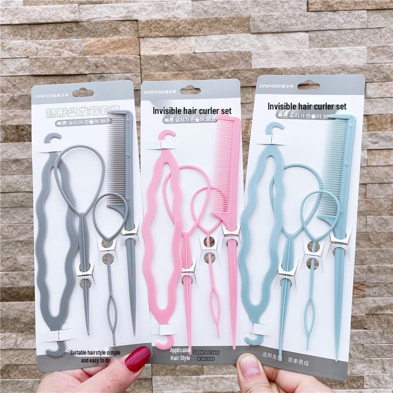 Korean Style Hair Styling Tool Set - 4-Piece Double Hook Pull Needle & Curly Hair Bands In Four Colors