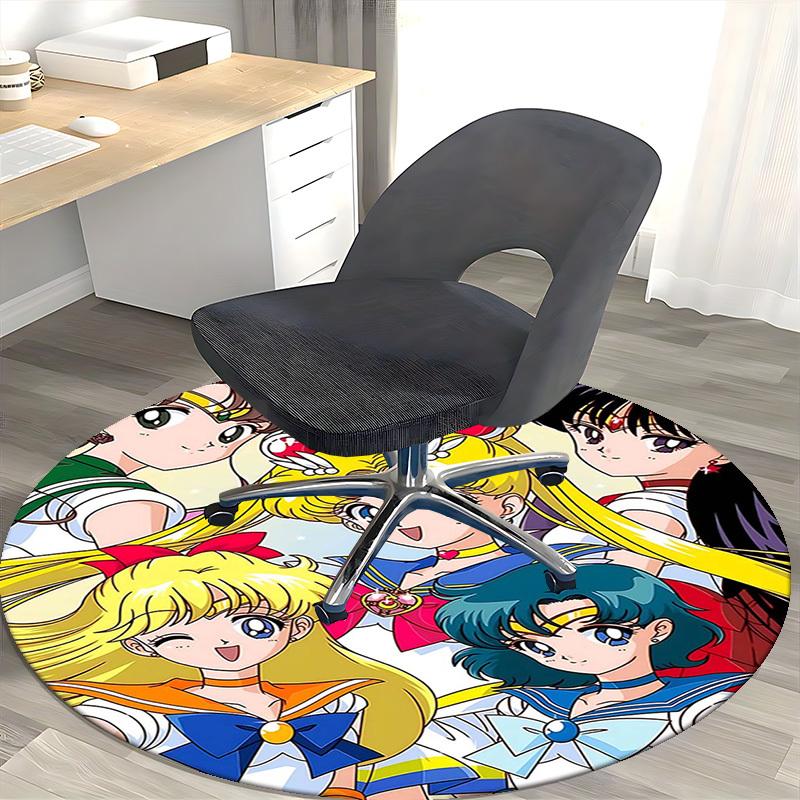 1pc Sailor Moon Anime Cartoon Design Round Carpet  Office Chair Mat, NonSlip Rug for Home Decor, Living Room, Bedroom