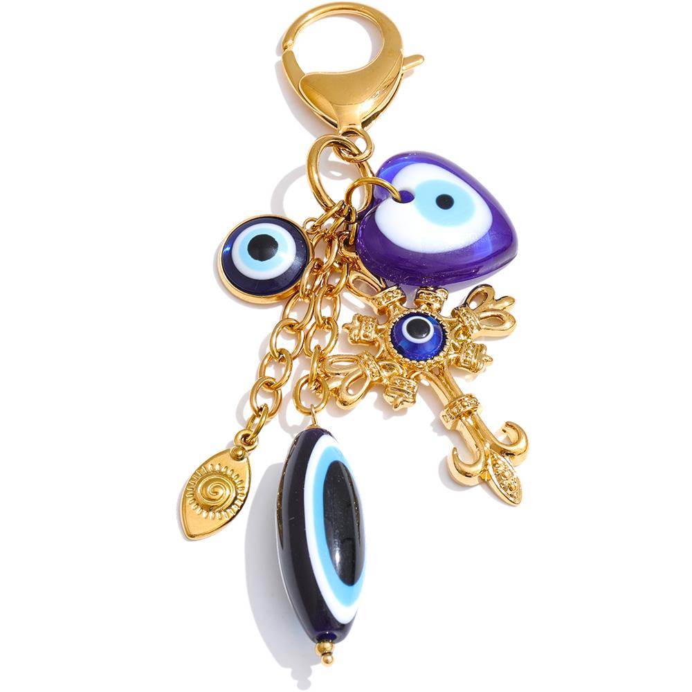 Yhpup 2025 Stainless Steel Blue Resin Eye Cross Heart Charms Pendant Key Chain Exclusive Design Trendy Unique Key Ring Jewelry