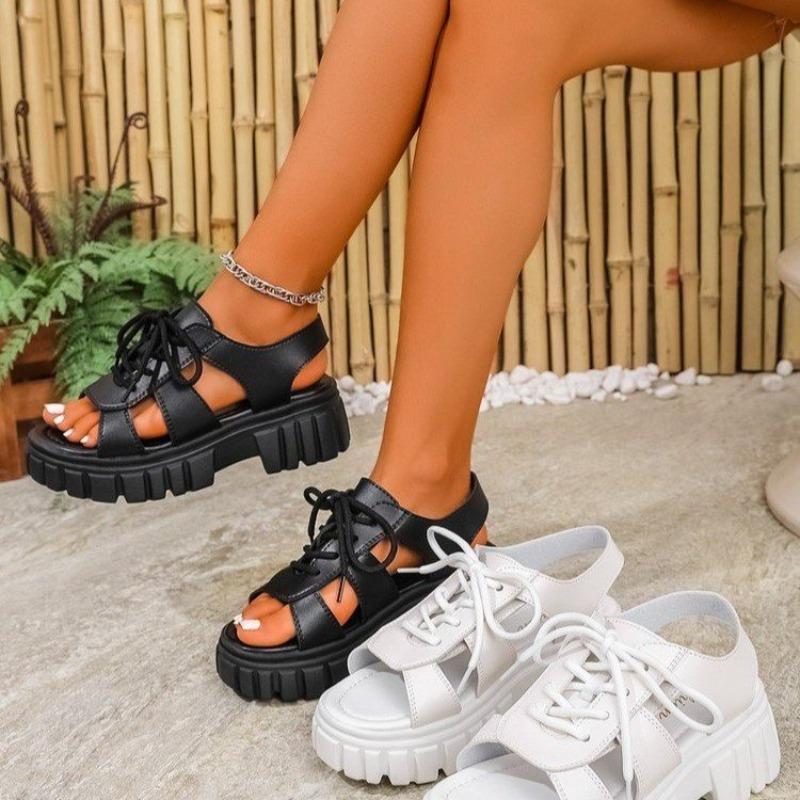 2026 New Ladies Shoes Lace-up Women's Sandals Fashion Open Toe Casual Summer Hollow Out Plus Size Concise Platform Sandals