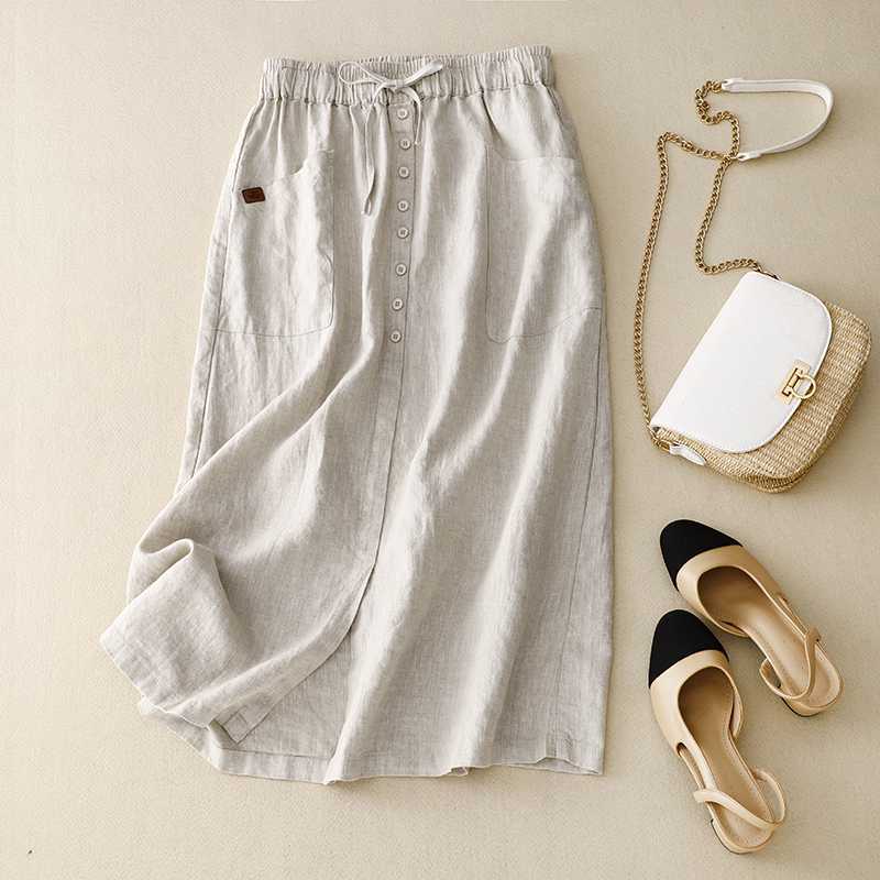 Spring Half Version Slimming Artistic Cotton Linen Half Mid Long High-end Versatile Half for Women Skirts