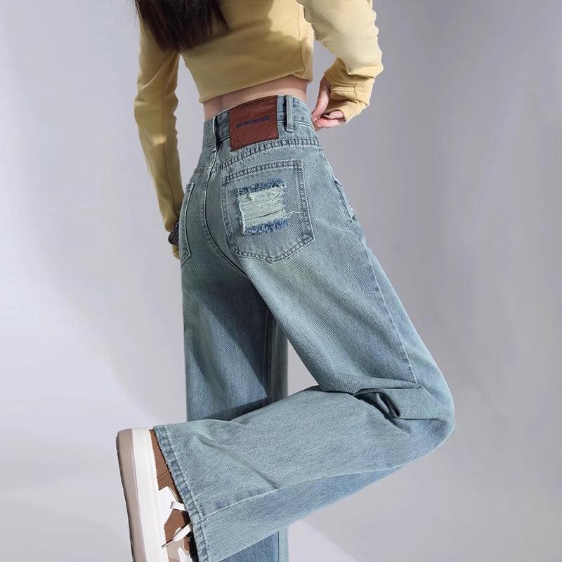 2025 Women's Light Wash Ripped Jeans: High Waist, Loose, Straight Leg, Floor-Length, Thin Summer Casual Pants