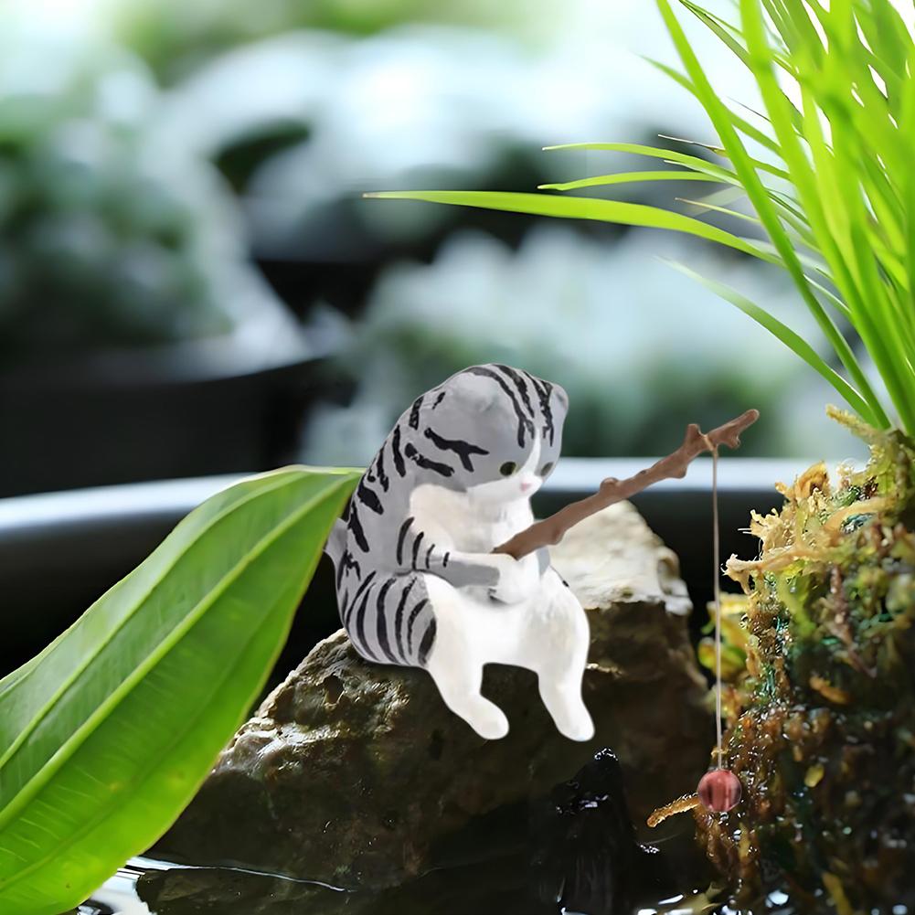 7 STÜCKE Niedliche Angelnde Katzen Ornament Mini Katze Sitzende Figuren Cartoon Fisch Landschaftsbau Aquarium Miniaturen Heimdekoration Handwerk