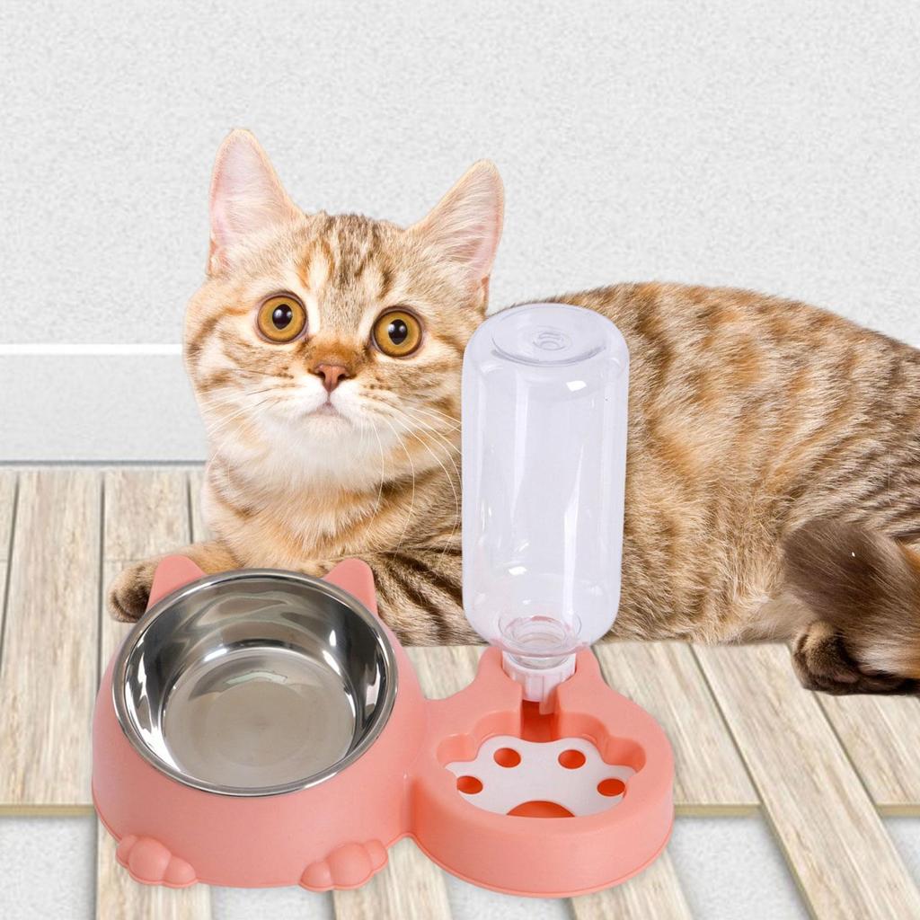Tilted Cat Bowl with Automatic Water Bottle, Unique Dog Bowl with Automatic