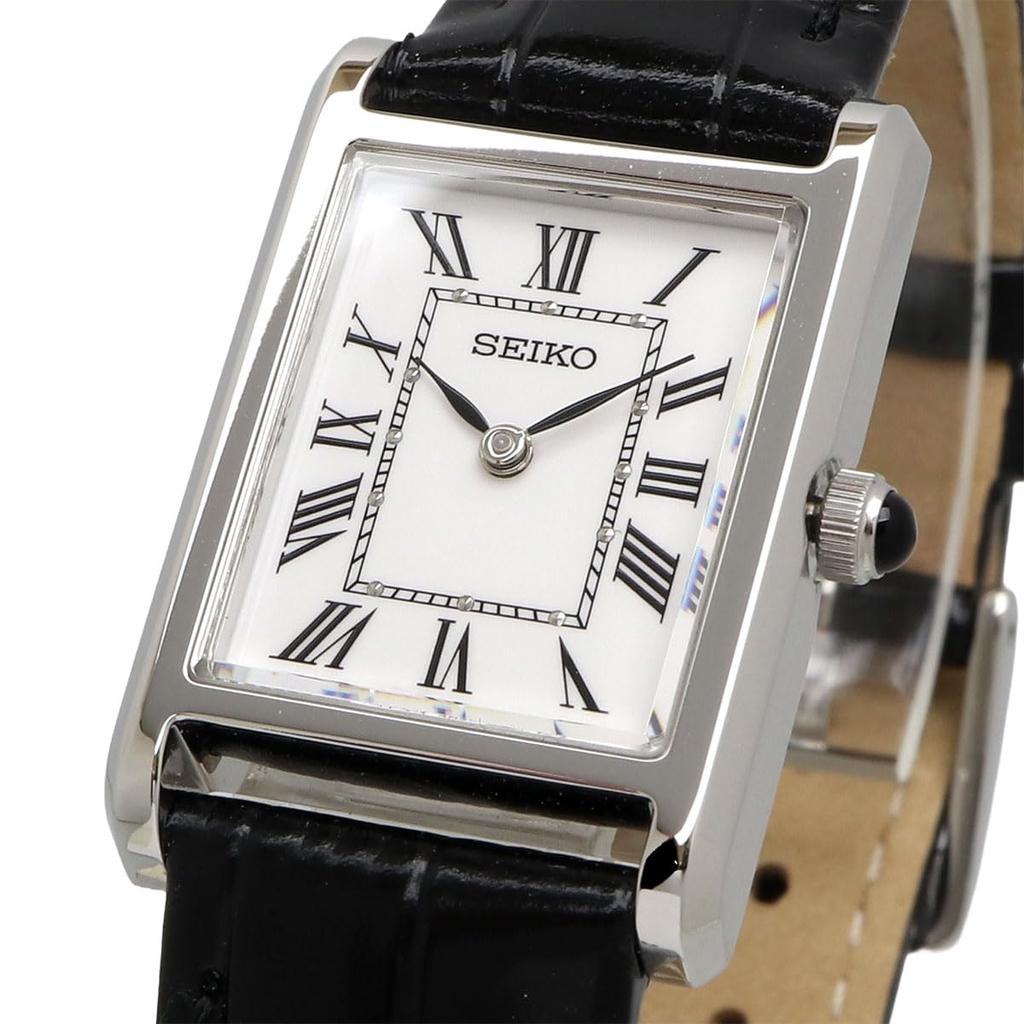Seiko Quartz Sapphire Silver X Black Leather Overseas Model Women's Watch, Glass, SWR107, White, Band