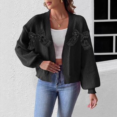 New Autumn and Winter Women's Cardigan with Ribbon Bow Patchwork Personalized Sweater Coat