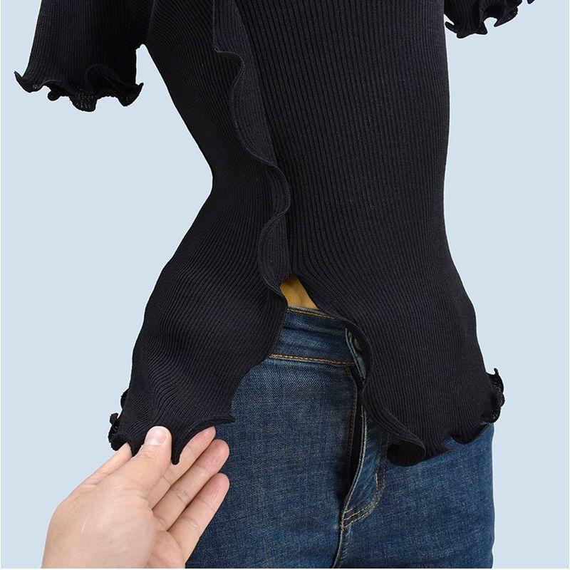 Wooden Ear Solid Color Rib Fabric Short Sleeve High Elastic Top Pullover Ice Silk Thin Women's Split Stylish