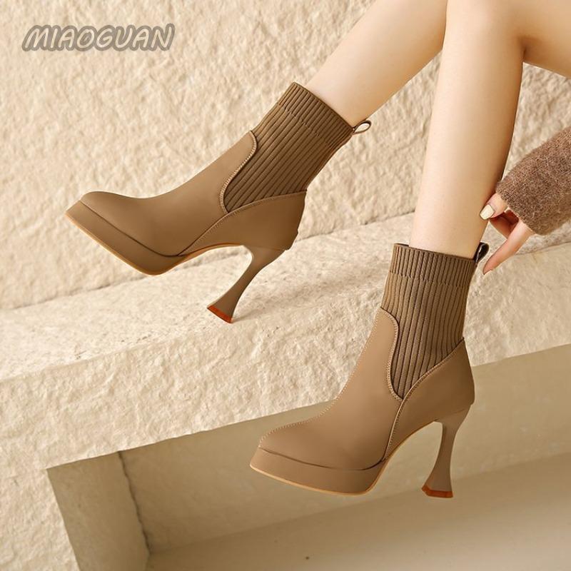 High-heeled Short Boots Spring and Autumn Pointed Toe Elastic Stocking Ankle Boots for Women Splicing Slip On Botas Femininas