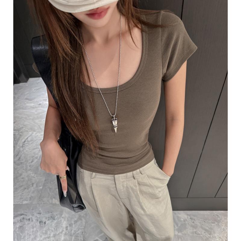 Modal low u-neck threaded front shoulder short-sleeved women's t-shirt summer women's clothing high-end Korean Spice Girl bottoming slim top