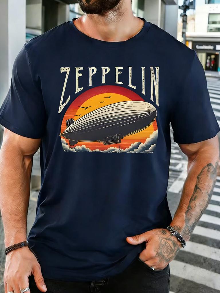 Unisex Crew Neck Tee Vintage Zeppelin Airship Sunset Art Print Short Sleeve Top Retro Rock Summer Outside Casual Daily Street Wear