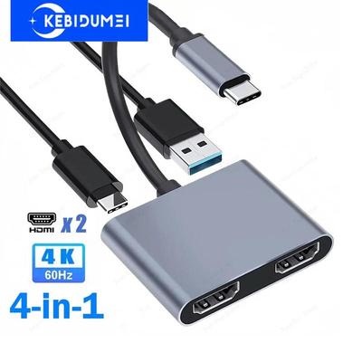 4-i-1 USB C-dokkingstasjon Dobbel HDMI 4K@60Hz-adapter USB 3.0-hub Type C til HDMI USB C-splitteradapter OTG for bærbar PC Macbook
