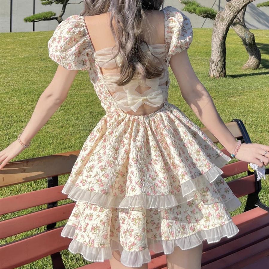 Floral Puff Sleeve Dresses Women Summer Bow Sweet Korean Style Backless Dress