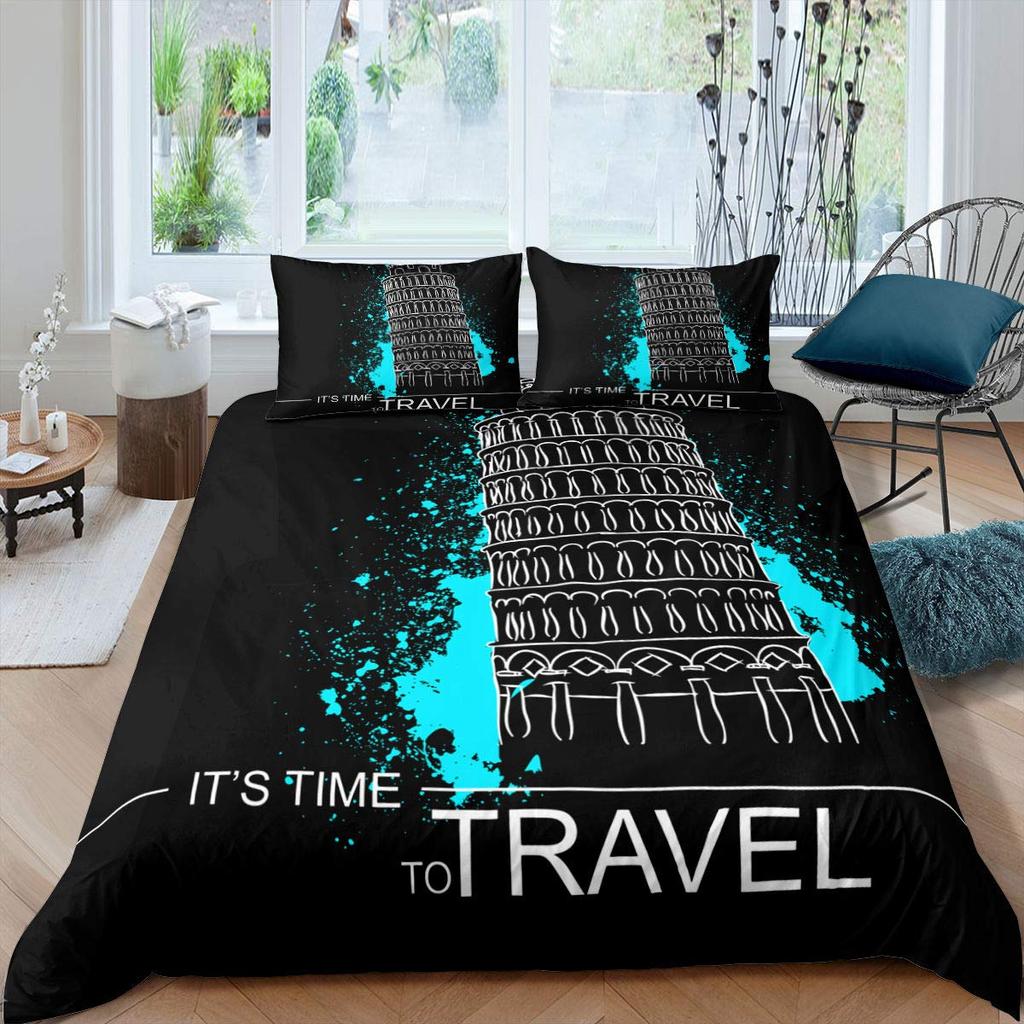Leaning Tower of Pisa Duvet Cover Paris Tower Bedding Set Blue Sky Comforter Cover Vintage Tower with 2 Pillowcases 3Pcs Bedding