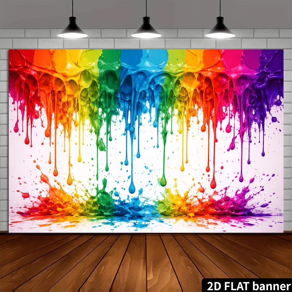 2D Plane Background Cloth Featuring the Theme of Rainbow Pigment Droplets and Splashes with a Dazzling Fluid Artistic Texture
