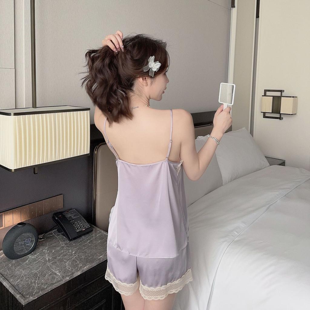 Sexy Pajamas Women's Ice Ribbon Chest Pad Summer Suspender Shorts New Lace Pure Desire Silk Loungewear