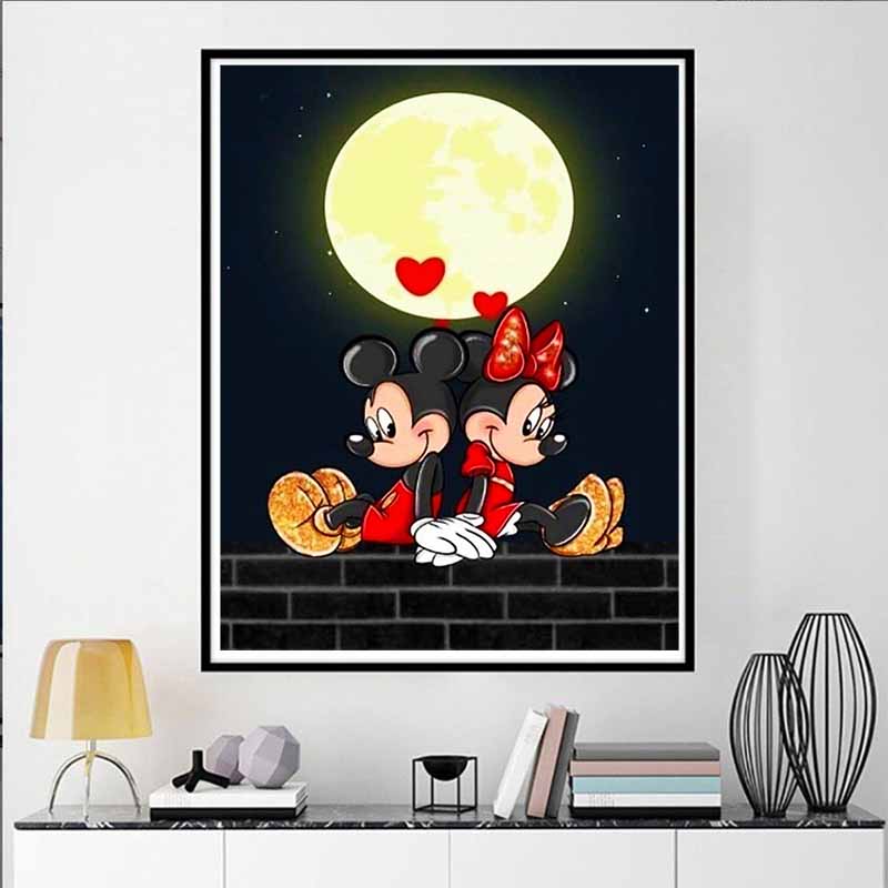 Disney Diamond Painting 5D Mickey and Minnie Moonlit Romantic Illustration Cartoon Movie Cross Stitch Embroidery Handmade Gift Home Decoration