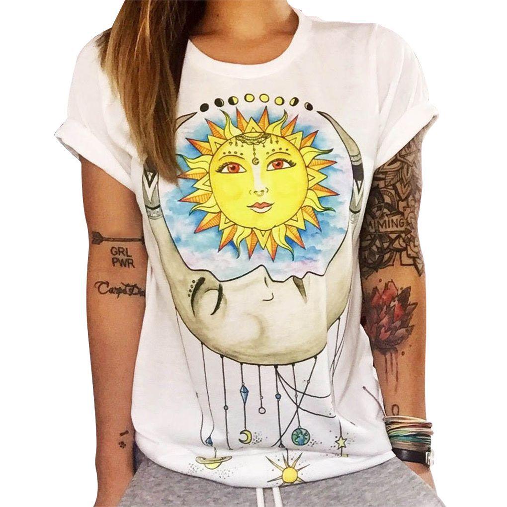 Damen Eule Buchstaben Grafik Bedrucktes Rundhals Kurzarmshirt
