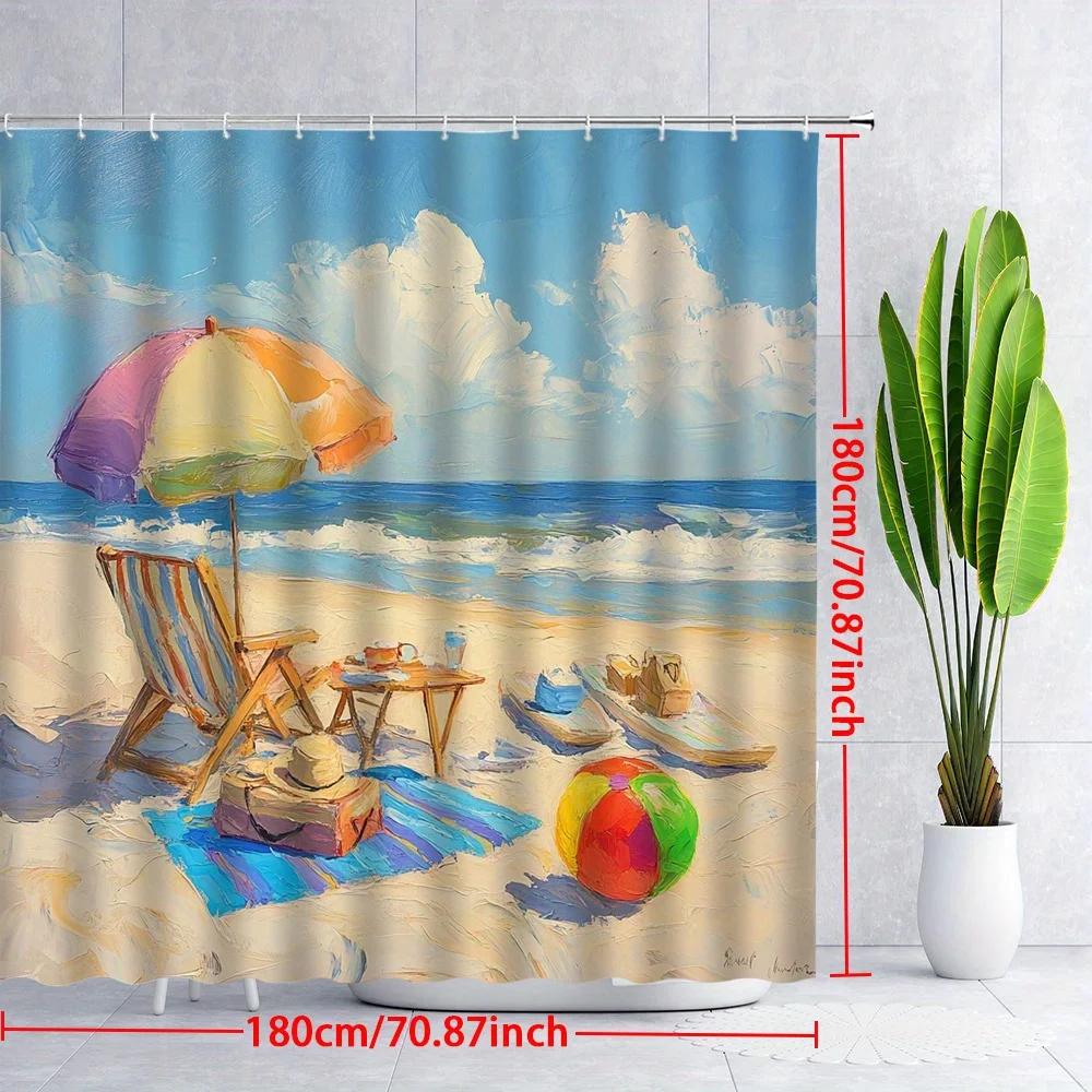 1pc Vibrant Beach Chair & Umbrella Shower Curtain - Summer Coastal Scene with Sandcastles, Striped Towels & Ocean Waves, Polyest