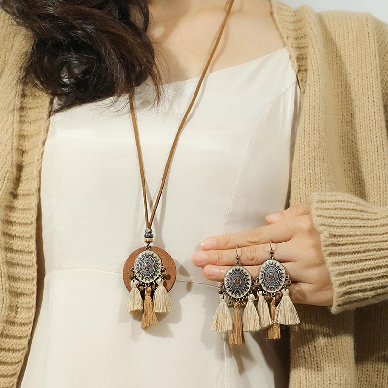 Bohemian Vintage Tassel Earrings Necklaces Set for Women Ethnic Round Hollow Carved Rope Chain Necklace Jewelry Accessories