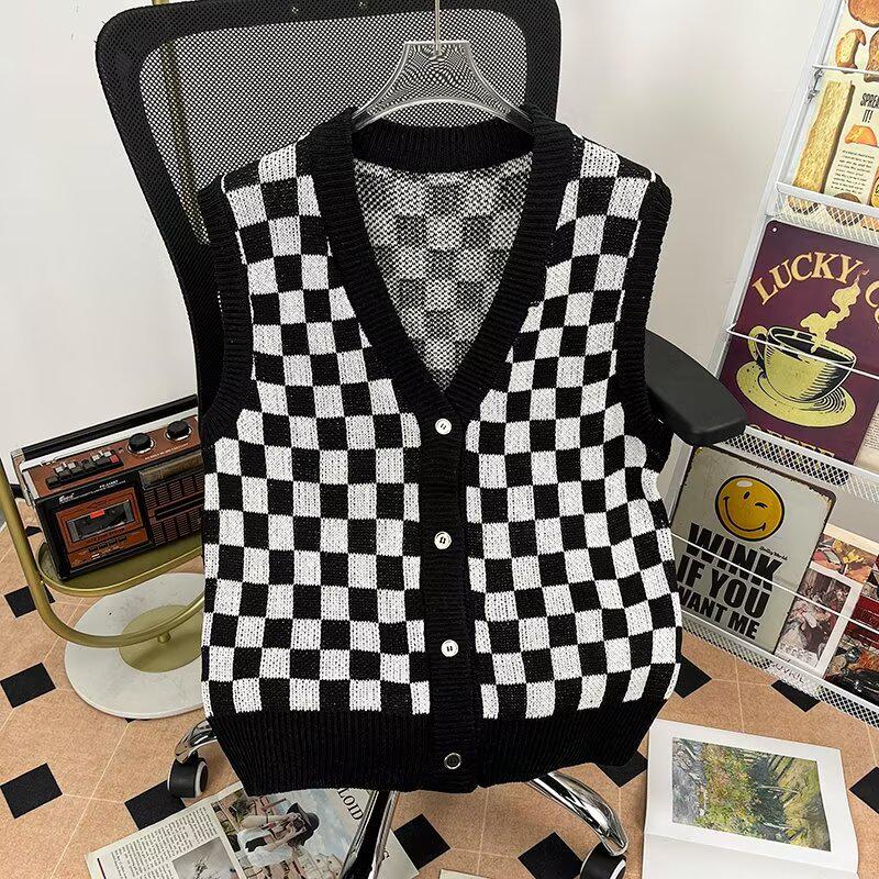 

Женский клетчатый трикотажный кардиган с V-образным вырезом - Корейский стиль Весенне-осенняя верхняя одежда 2024 M чёрный