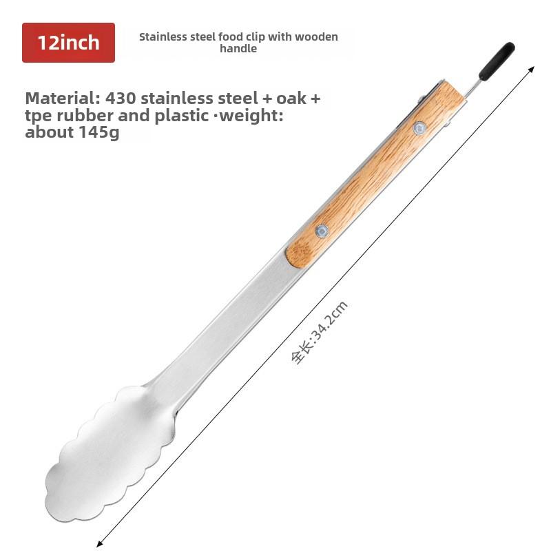 Stainless Steel Food Tongs with Heat-resistant Wooden Handles, Anti-scald Steak Tongs, BBQ Outdoor Grill Tongs, Bread Clips