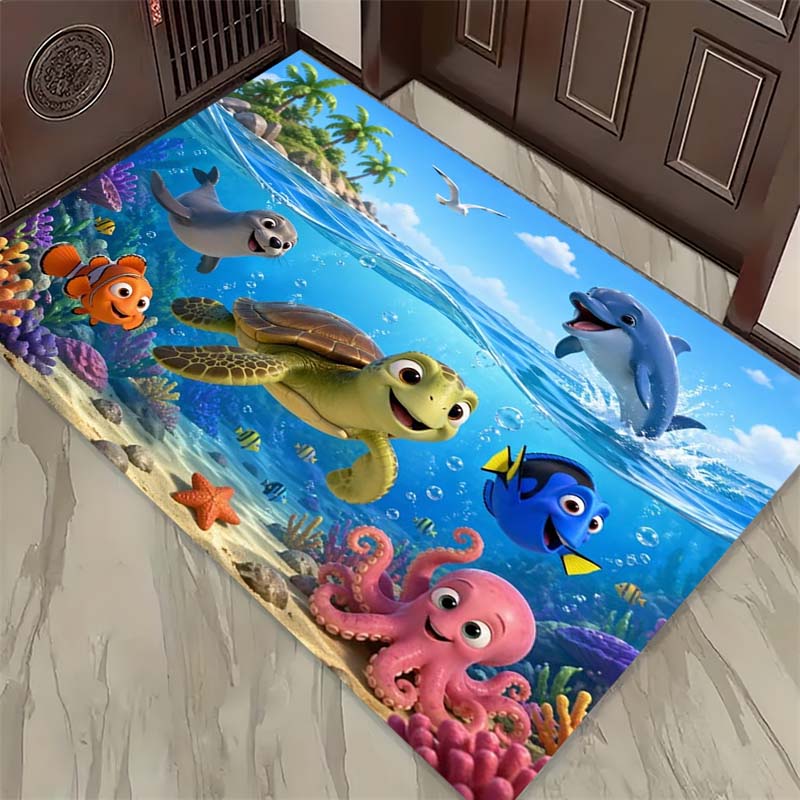 Ocean Life Print Doormat, Non-Slip Entrance Floor Mat with Sea Turtle, Dolphin & Octopus Design, Indoor Rug for Sea Lovers 40x60cm( 15x23in )
