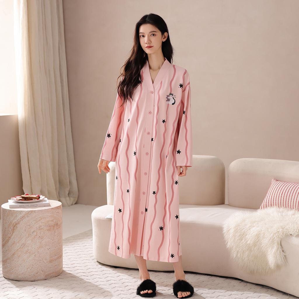 Pure Cotton Nightgown Women'S Spring And Autumn Cartoon Cute Long-Sleeved Long Pajamas Skirt Can Be Worn Outside Loungewear