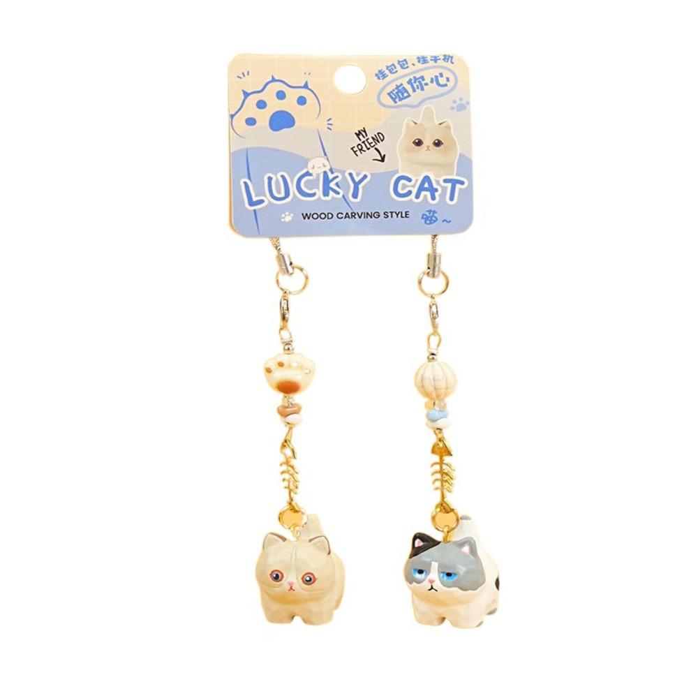 2Pcs Bag Hanging Resin Cat Pendant Cute Car Keyring Cartoon Cat Fishbone Keychain  Bag Decor