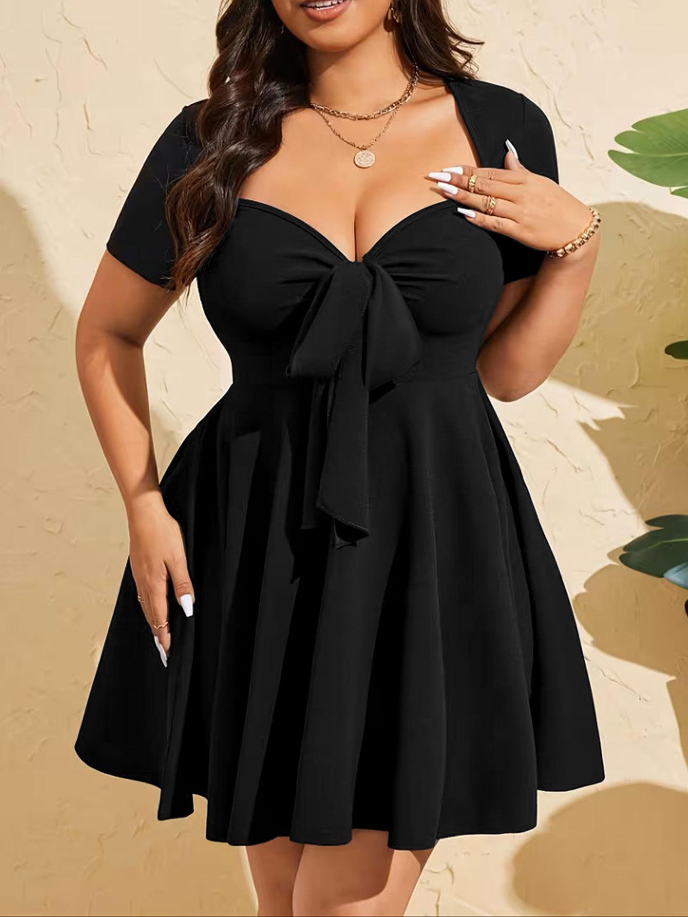 

Stylish Black Pleated V-Neck A-line Dress with Short Sleeves for Women 1XL чёрный