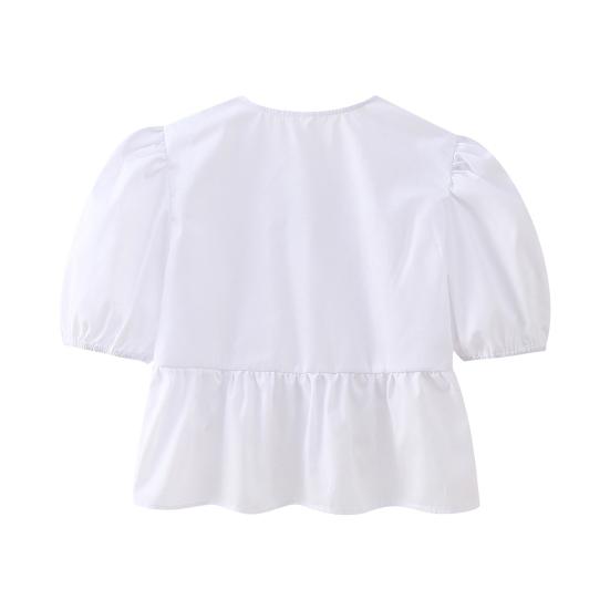 Women Summer Casual Cropped Tops O-neck Puff Short Sleeve Pullover Tops Ruffle Hem Back Lace-up Solid Color Thin Tees