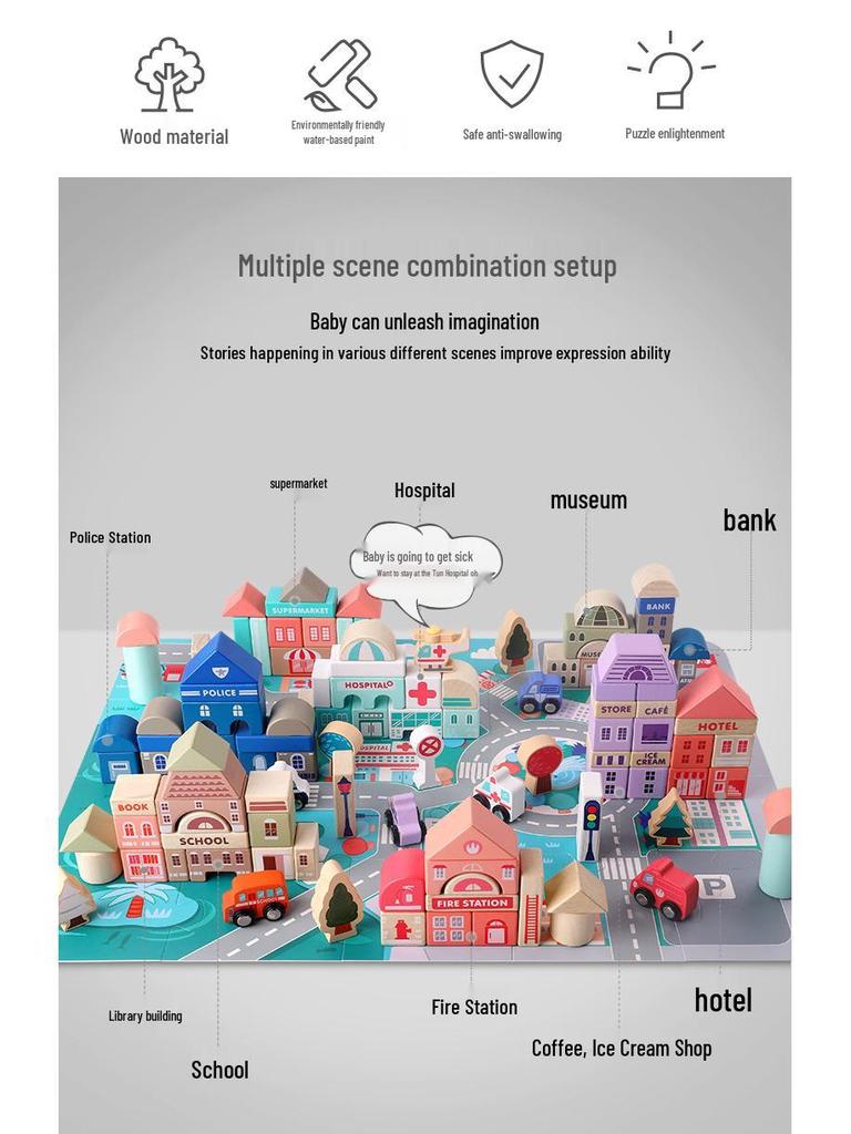 115-Piece Macaron City Wooden Building Blocks for Kids – Large Particle Educational Toy Set