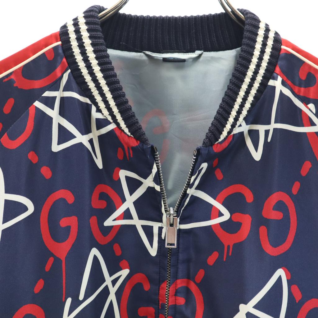 GUCCI 16AW Italian rayon blend Ghost all-over print Bomber Jacket 50 Navy Men's Used