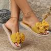Fashion Women's Beige Bowknot Decor Flat Slippers Lightweight Non Slip Outdoor Beach Slides for Woman Comfort One Strap Casual Slippers