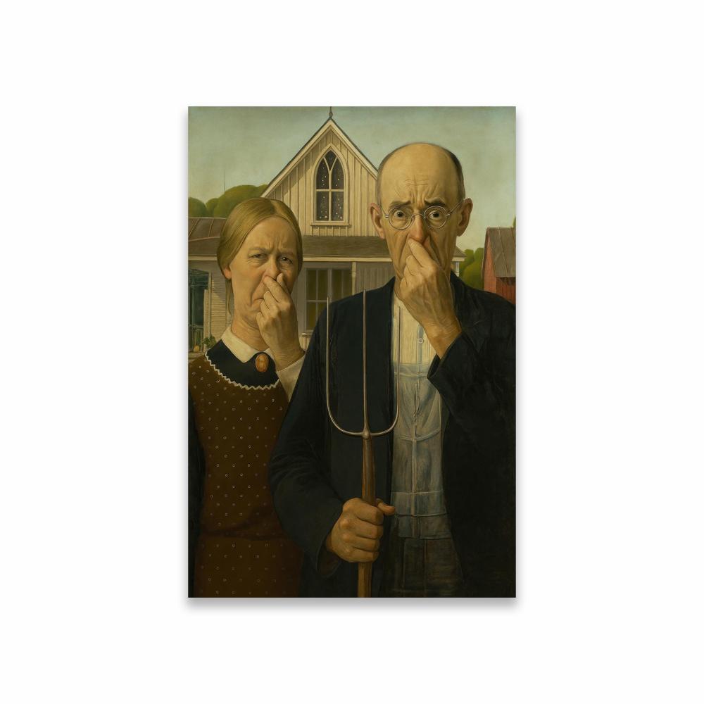 Lustiges Badezimmer Leinwandbild Mädchen mit Perlenohrring Nase zuhaltend Toilettenhumor Wandkunst Poster Vintage Dekoration