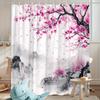 Kirschblütenberg Duschvorhang - Aquarell-Design mit rosa Blüten, Hügeln & Pagode, Weiche Rosa- und Graupalette