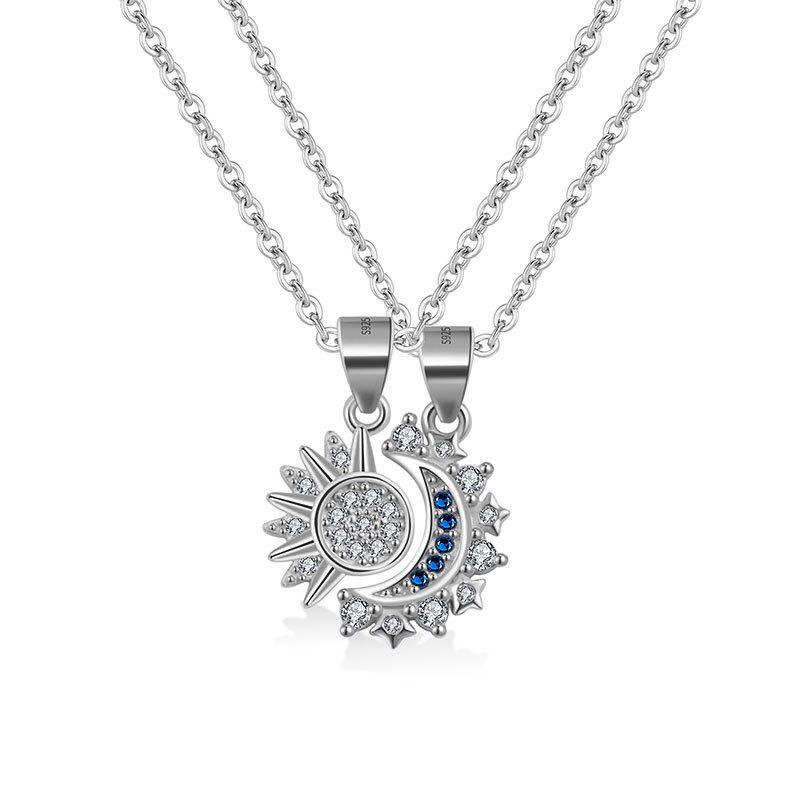 Fashion Jewelry Necklaces 925 Sterling Silver Sun and Moon Zircon Necklace for Couples Gold Plated Couple Necklaces for Lovers